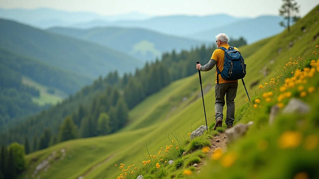 Alpinistas žygiauja per stačią žalią nuožulnią šlaitą, trekingo lazdos padeda subalansuoti, saugus žygis