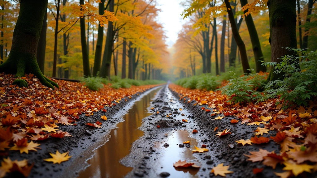 Šlapia rudens miško takas, pilnas oranžinių lapų ir drėgmės, rodo pavojingą žemės būklę