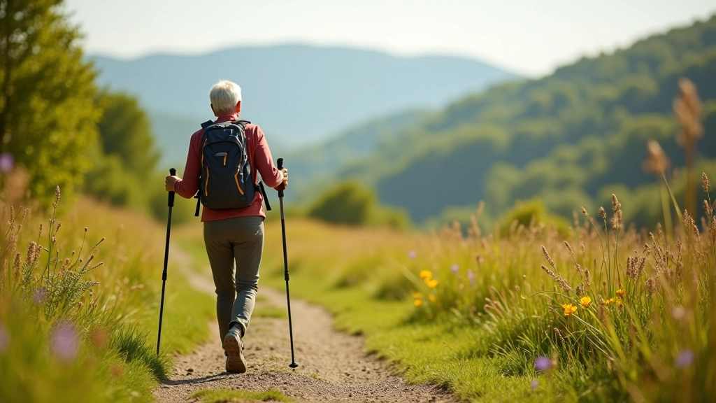 Senioro žygis su trekingo lazdomis ant kalnų tako su tūriu kraštovaizdžiu